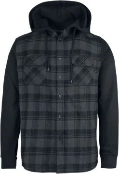 "Hooded Checked Flannel Sweat Sleeve Shirt" Flanel Shirt Black-grey By RED By EMP