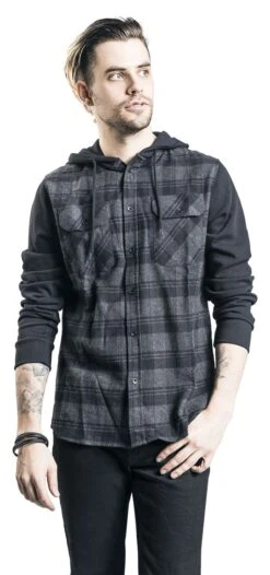 "Hooded Checked Flannel Sweat Sleeve Shirt" Flanel Shirt Black-grey By RED By EMP -Men Fashion Clothing Store 350423wa