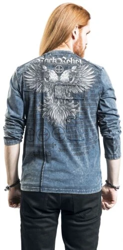 "Blue Long-Sleeve Shirt With Wash And Print" Long-sleeve Shirt Blue By Rock Rebel By EMP -Men Fashion Clothing Store 469287wb