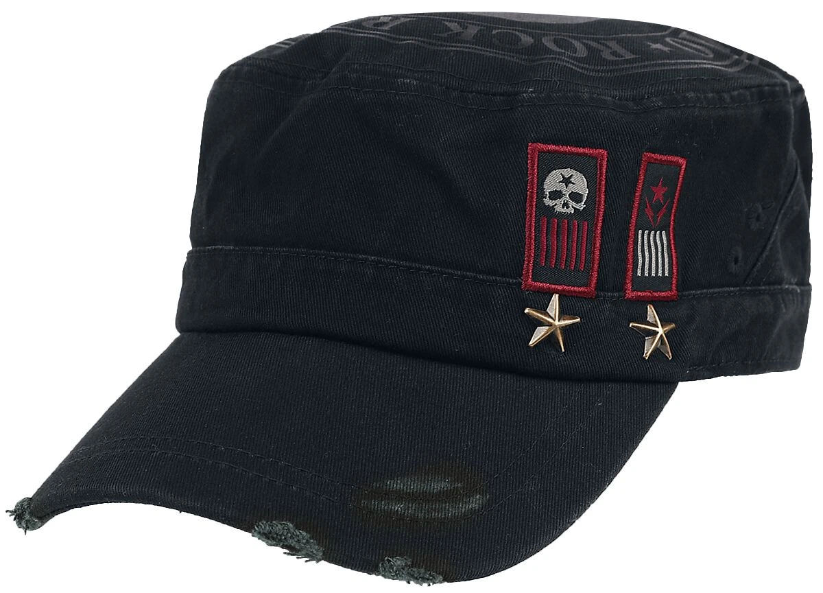 "Black Army Cap With Print, Patches And Studs" Cap Black By Rock Rebel By EMP 3 "Black Army Cap With Print, Patches And Studs" Cap Black By Rock Rebel By EMP