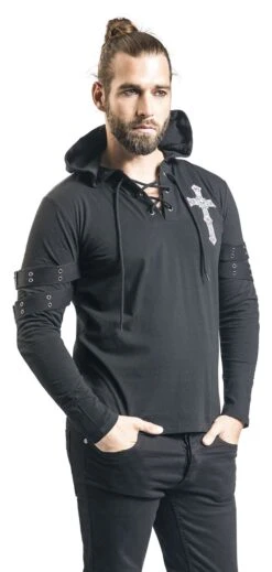 "Gothicana X Anne Stokes - Black Long-Sleeve Shirt With Print And Lacing" Long-sleeve Shirt Black By Gothicana By EMP -Men Fashion Clothing Store 493724wa