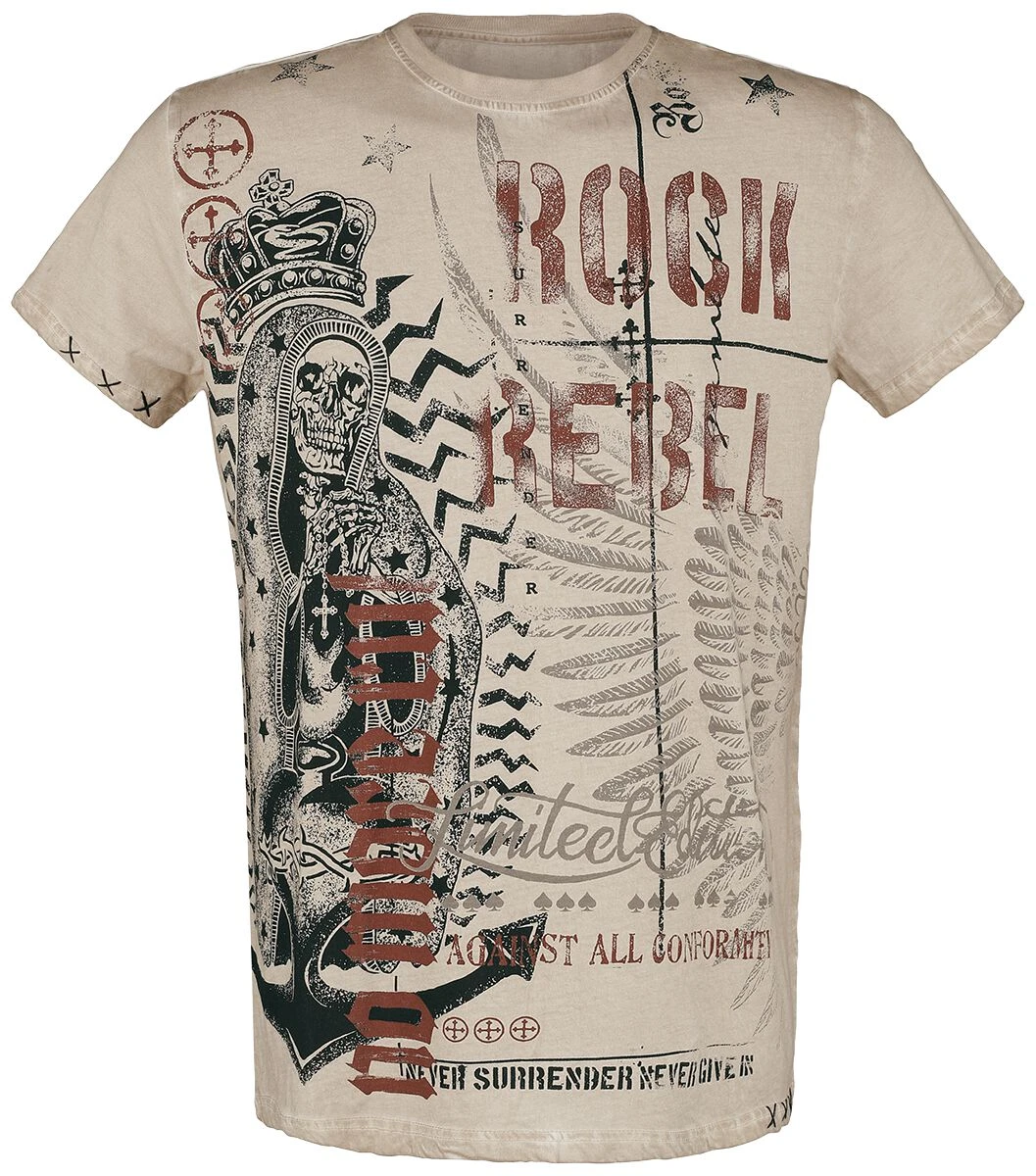 "T-shirt With Skull Print And Slogan" T-Shirt Beige By Rock Rebel By EMP 3 "T-shirt With Skull Print And Slogan" T-Shirt Beige By Rock Rebel By EMP