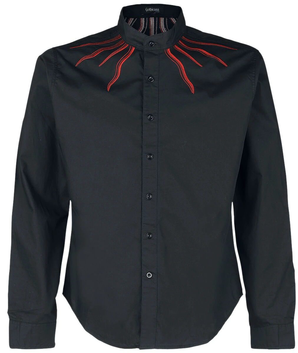 "Shirt With Flame Embroidery On The Collar" Longsleeve Black By Gothicana By EMP 3 "Shirt With Flame Embroidery On The Collar" Longsleeve Black By Gothicana By EMP