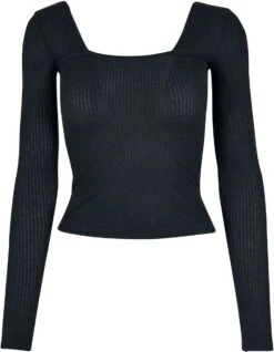 "Ladies’ Rib Squared-neckline Long-sleeved Top" Long-sleeve Shirt Black By Urban Classics
